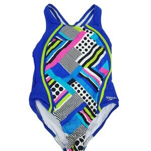 Speedo Girls Bathing Suit Size 12 Blue Neon One Piece Swimsuit Patterned